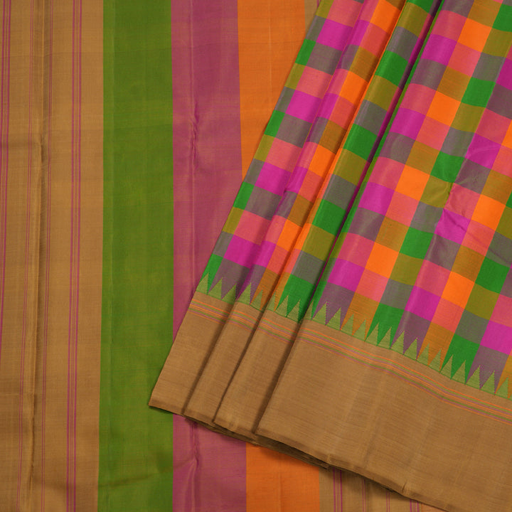 Hayagrivas Multi Color Checks Kanjivaram Silk Saree with Khaki Border BBD258E12-1