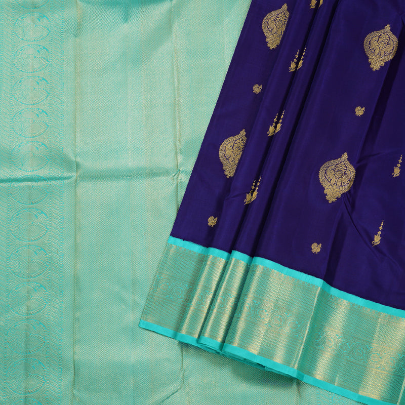 Hayagrivas Blue Kanjivaram Silk Saree with Turquoise Border BBD262E9-1