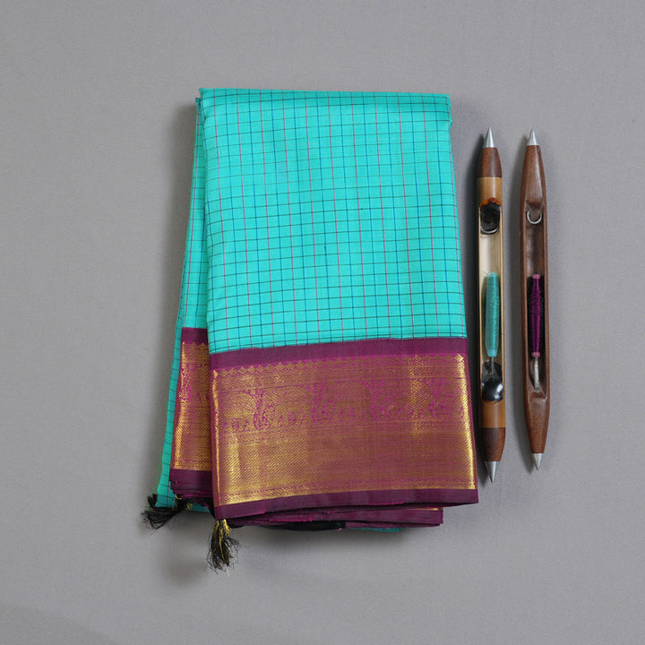 Hayagrivas Sky Blue Handloom Kanjivaram Silk Saree with Dark Purple Border BBD264E5-1