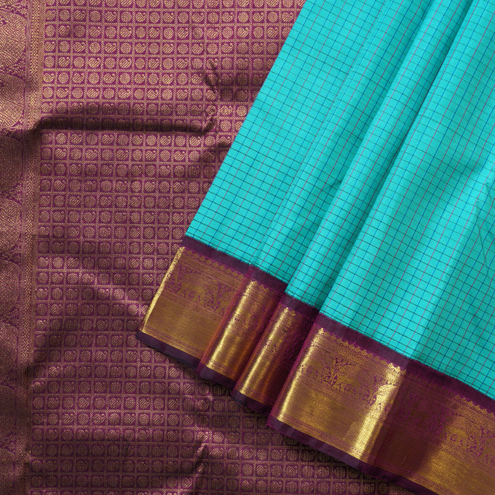 Hayagrivas Sky Blue Handloom Kanjivaram Silk Saree with Dark Purple Border BBD264E5-1