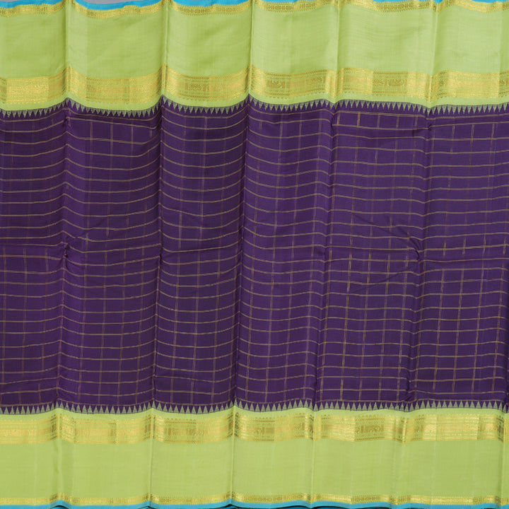 Hayagrivas Deep Purple Kanjivaram Silk Saree with Apple Green Edging and Light Blue Border - BBD304E3-1