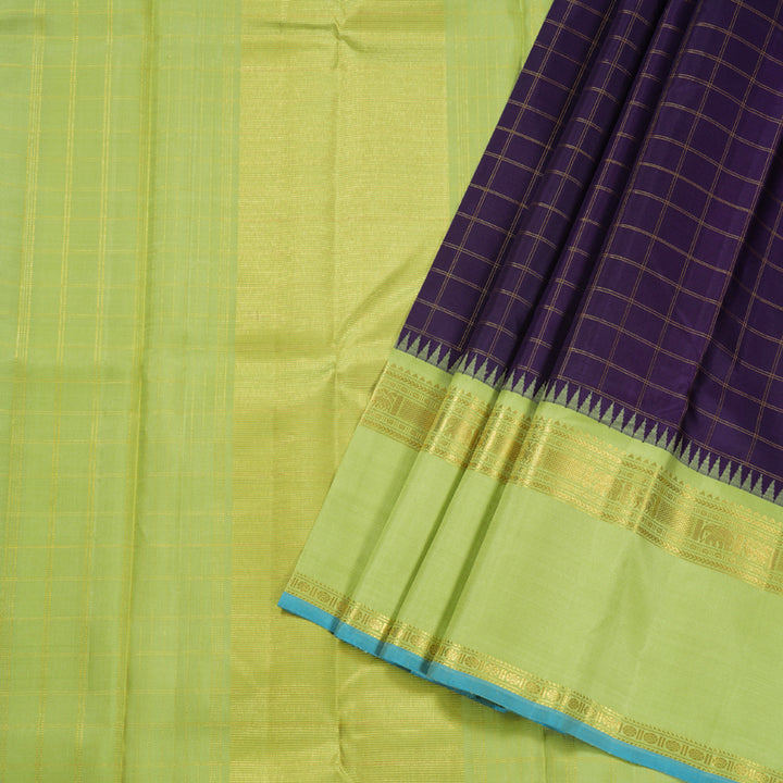 Hayagrivas Deep Purple Kanjivaram Silk Saree with Apple Green Edging and Light Blue Border - BBD304E3-1