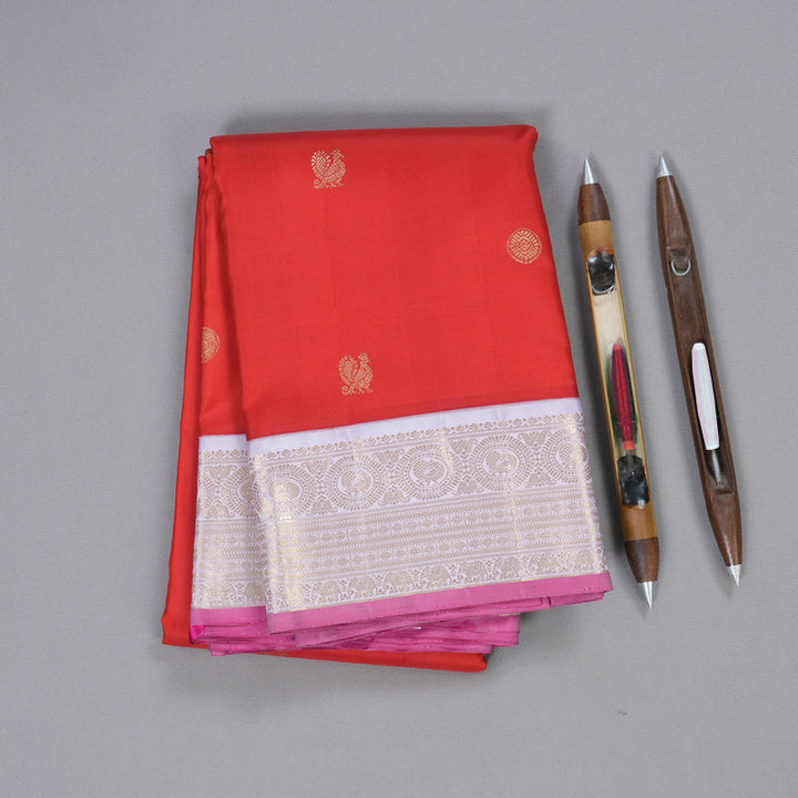 Hayagrivas Red Kanjivaram Silk Saree with Baby Pink Border- BBD324E2-1