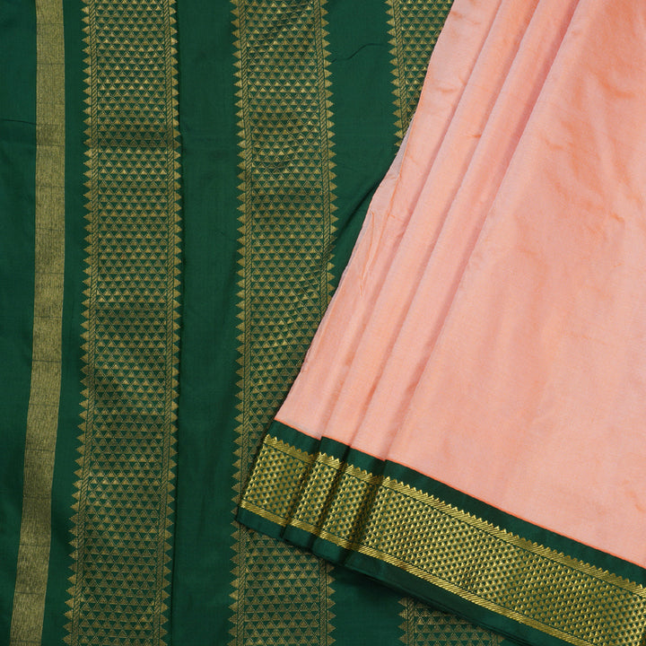 Hayagrivas Peach Orange Ten Yards Silk Saree with Bottle Green Border BBD349E2-28