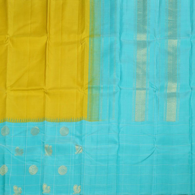 Hayagrivas Handloom  Lemon Yellow With Teal Kanjivaram Silk Saree BBD355E11-1