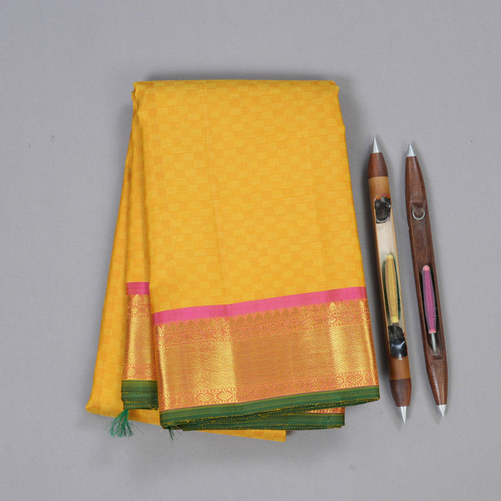 Hayagrivas Mustard Yellow Kanjivaram Silk Saree with Pink Border BBD356E13-1