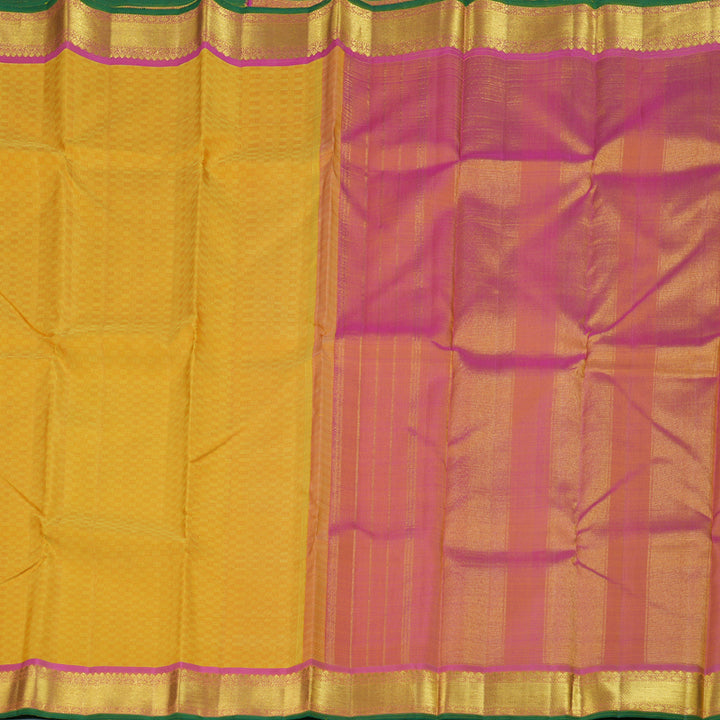 Hayagrivas Mustard Yellow Kanjivaram Silk Saree with Pink Border BBD356E13-1