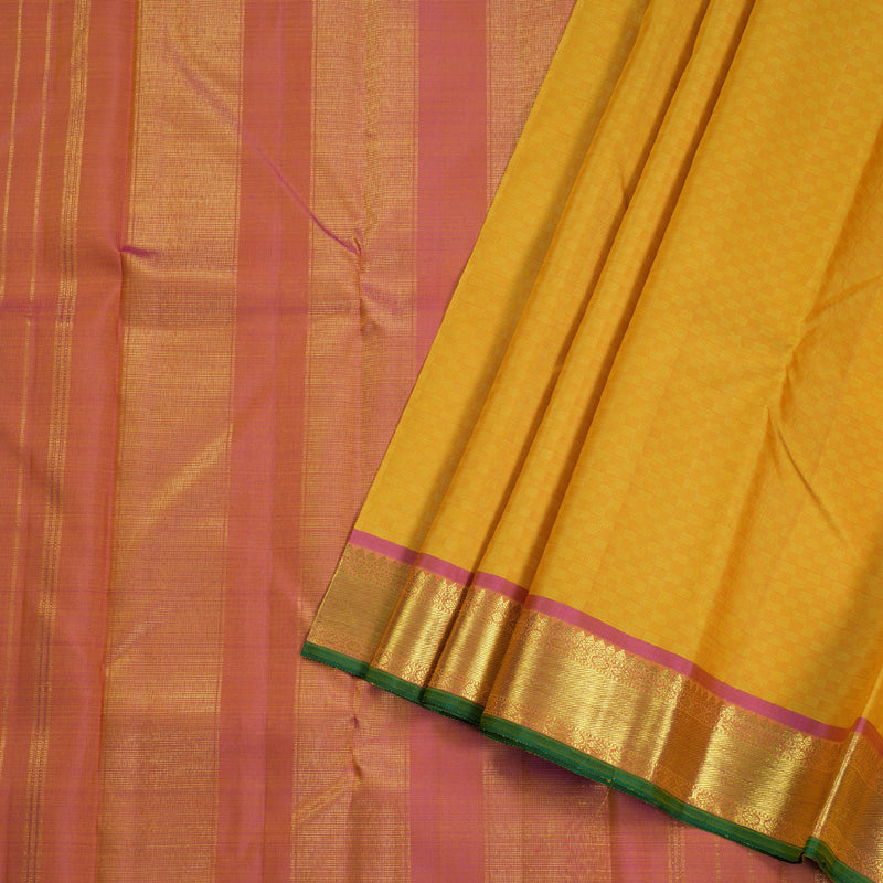 Hayagrivas Mustard Yellow Kanjivaram Silk Saree with Pink Border BBD356E13-1