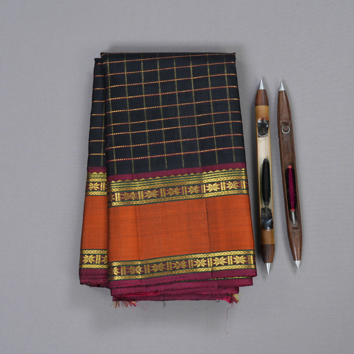 Hayagrivas Black Kanjivaram Silk Saree with Burnt Orange Border BBD356E6-6