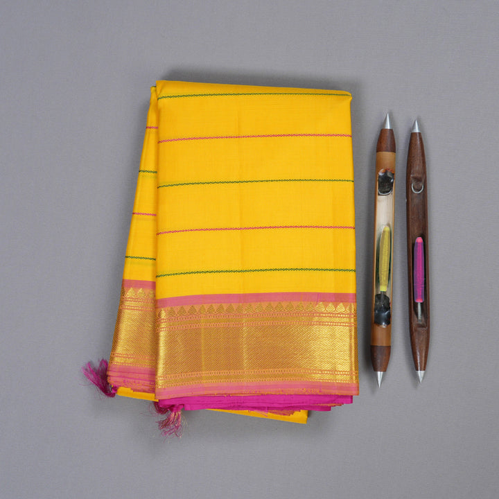 Hayagrivas Yellow Kanjivaram Silk Saree with Pink Border BBD357E4-5