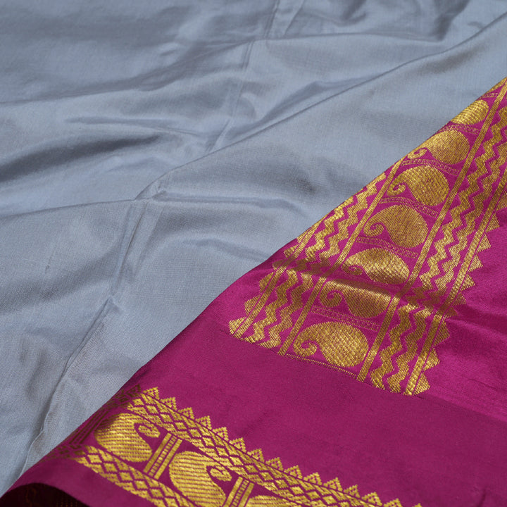 Hayagrivas Bluish Grey Ten Yards Silk Saree with Dark Pink Border BBD375E5-2