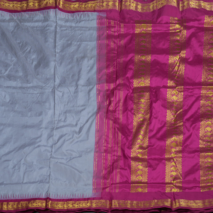 Hayagrivas Bluish Grey Ten Yards Silk Saree with Dark Pink Border BBD375E5-2