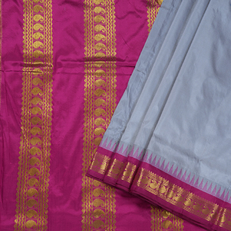 Hayagrivas Bluish Grey Ten Yards Silk Saree with Dark Pink Border BBD375E5-2