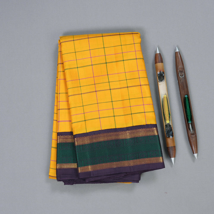 Hayagrivas Mustard Yellow Checkered Kanjivaram Silk Saree with Plum Purple Border - BBD396F6-1