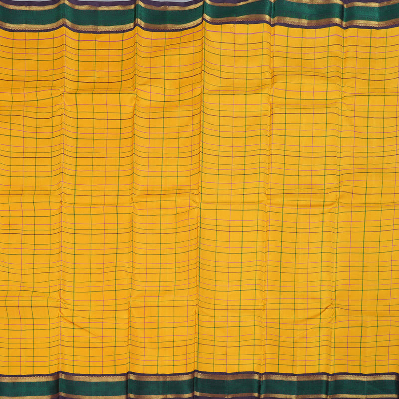 Hayagrivas Mustard Yellow Checkered Kanjivaram Silk Saree with Plum Purple Border - BBD396F6-1