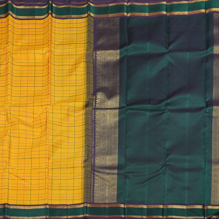 Hayagrivas Mustard Yellow Checkered Kanjivaram Silk Saree with Plum Purple Border - BBD396F6-1