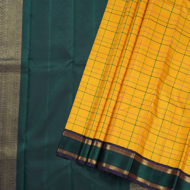 Hayagrivas Mustard Yellow Checkered Kanjivaram Silk Saree with Plum Purple Border - BBD396F6-1