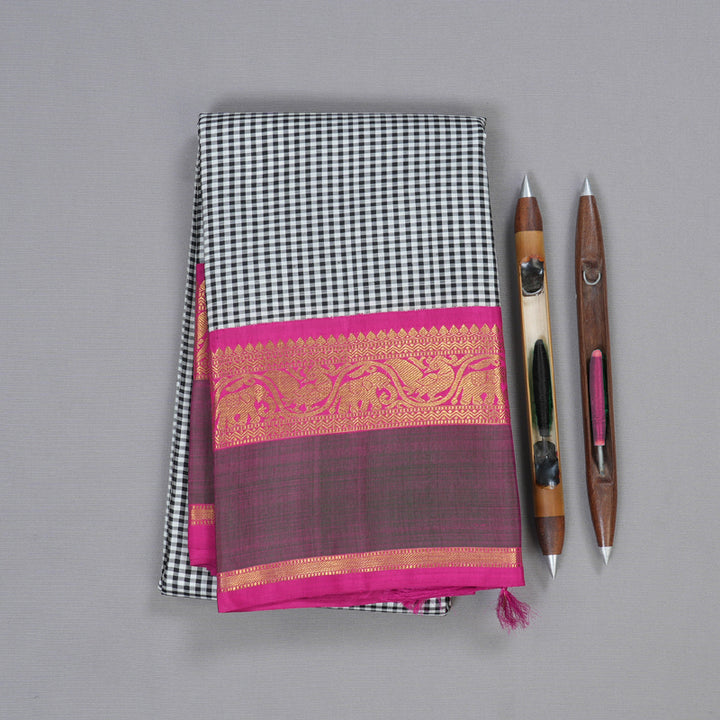 Hayagrivas Black And White Muted Checks Kanjivaram Silk Saree with Mandhalir Border BBD399F8-1