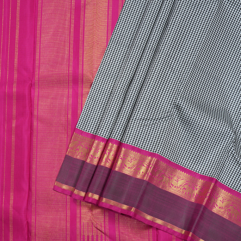 Hayagrivas Black And White Muted Checks Kanjivaram Silk Saree with Mandhalir Border BBD399F8-1