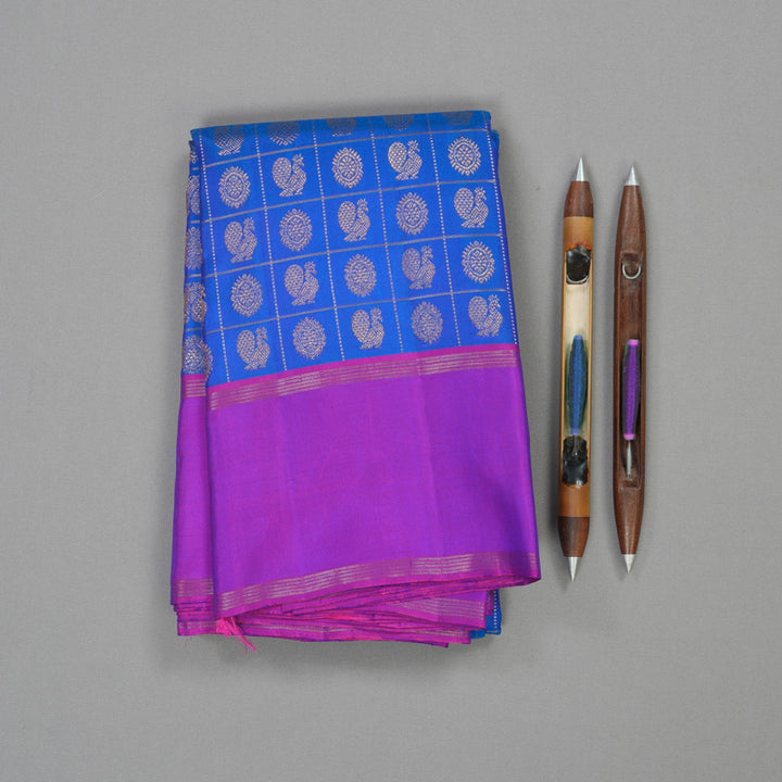 Hayagrivas Handloom Kanjivaram silk saree in attractive Blue with purple Jari checks BBD3D7-2