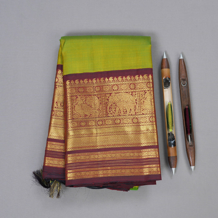 Hayagrivas Parrot Green Kanjivaram Silk Saree with Deep Maroon Border  - BBD417F5-1