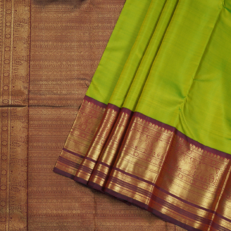 Hayagrivas Parrot Green Kanjivaram Silk Saree with Deep Maroon Border  - BBD417F5-1