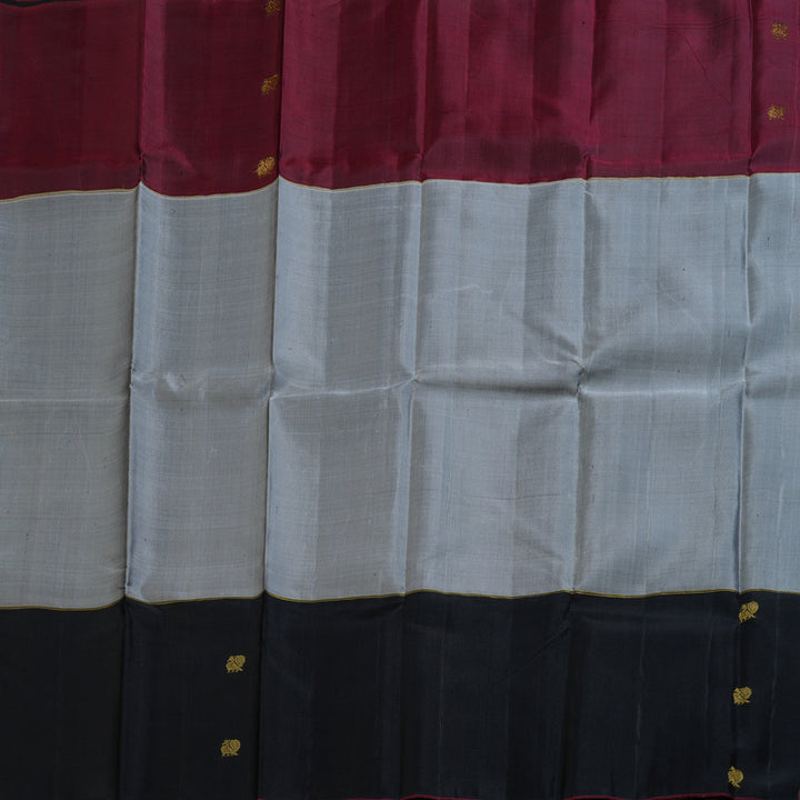 Hayagrivas Mubagam (Maroon,Grey And Black) Handloom Kanjivaram Silk Saree with Black Border BBD42D2-1