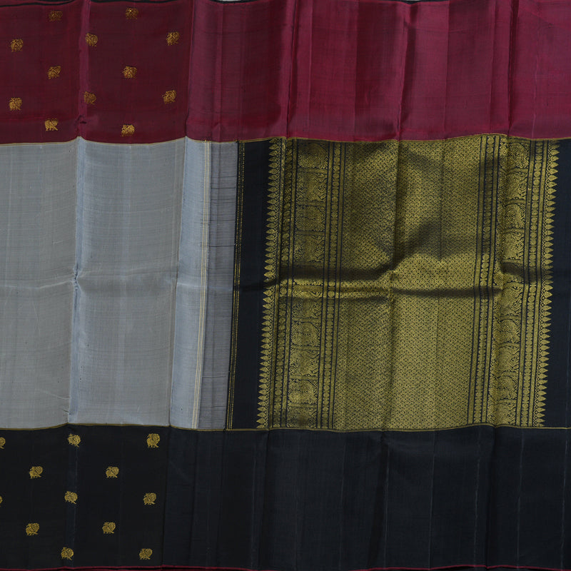 Hayagrivas Mubagam (Maroon,Grey And Black) Handloom Kanjivaram Silk Saree with Black Border BBD42D2-1