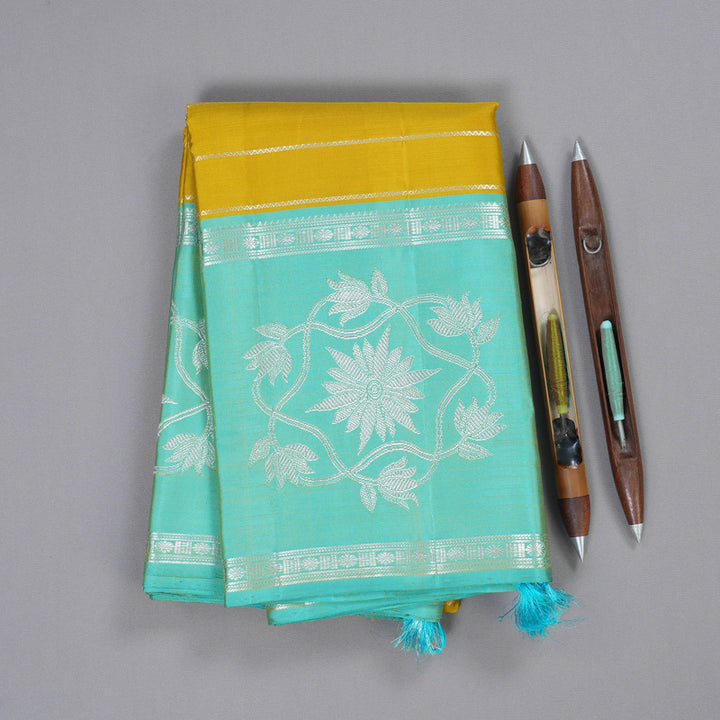 Hayagrivas Sampanga Yellow Kanjivaram Silk Saree with Sea Blue Border - BBD430F6-1