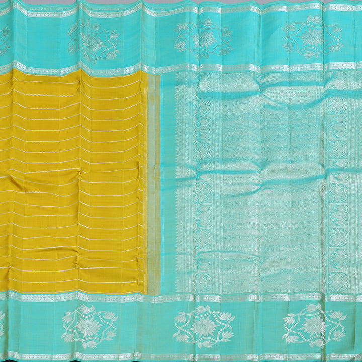 Hayagrivas Sampanga Yellow Kanjivaram Silk Saree with Sea Blue Border - BBD430F6-1