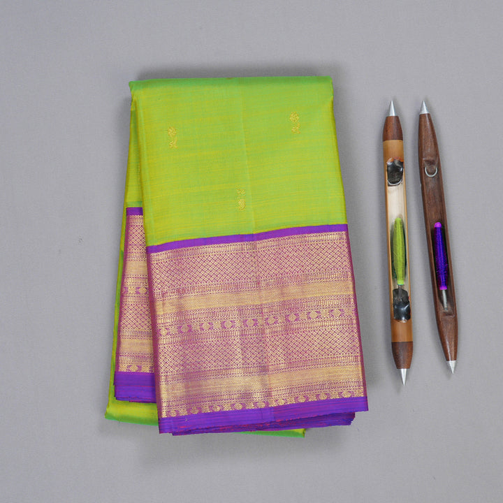 Hayagrivas Parrot Green Kanjivaram Silk Saree with Purple Border - BBD431F11-2