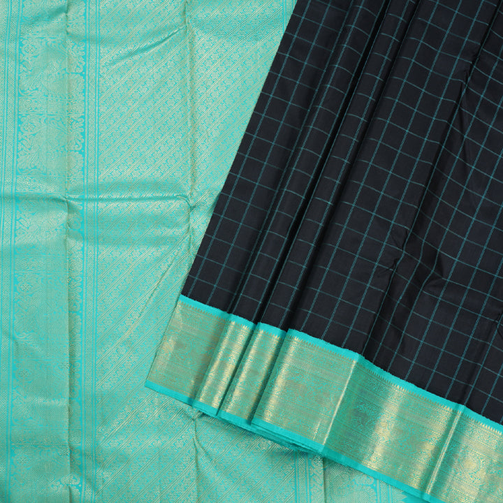 Hayagrivas Black Kanjivaram Silk Saree with Sea Blue Border - BBD431F8-2