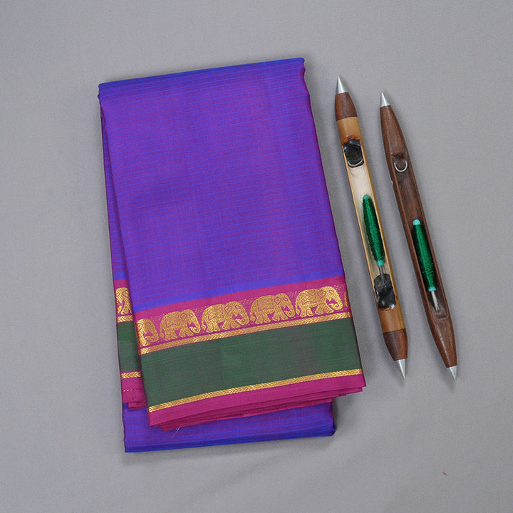 Hayagrivas Purple Kanjivaram Silk Saree with Green With Pink Edging Border and Elephant Motifs - BBD433F1-16