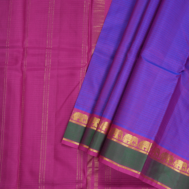 Hayagrivas Purple Kanjivaram Silk Saree with Green With Pink Edging Border and Elephant Motifs - BBD433F1-16