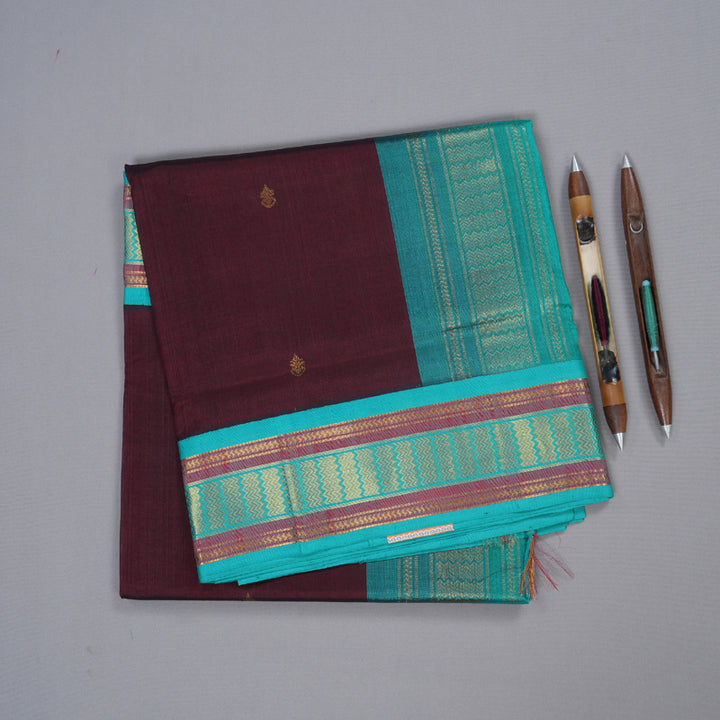 Hayagrivas Exclusive Dark Maroon with Aqua Blue Silk Cotton Saree BBD438F1-6