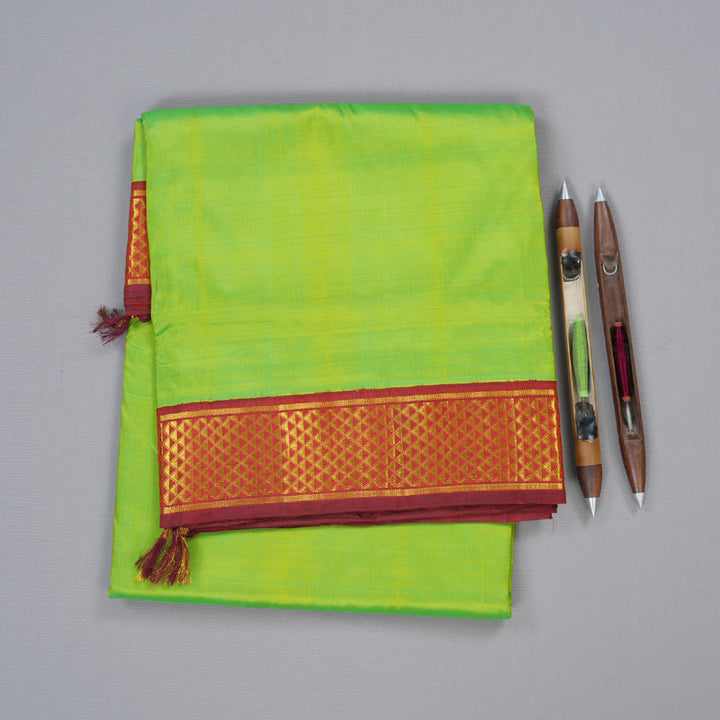 Hayagrivas Electric Fluorescent Green Handloom Kanjivaram Ten Yards Silk Saree with Maroon Border BBD445F2-4