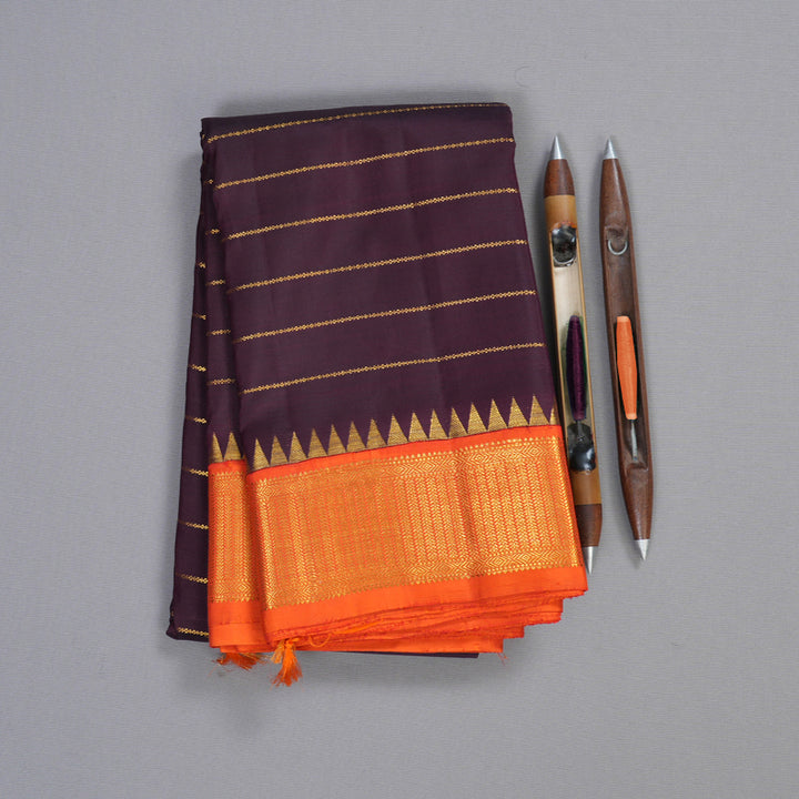 Hayagrivas Dark Purple Handloom Kanjivaram Silk Saree with Orange Border BBD449F8-1