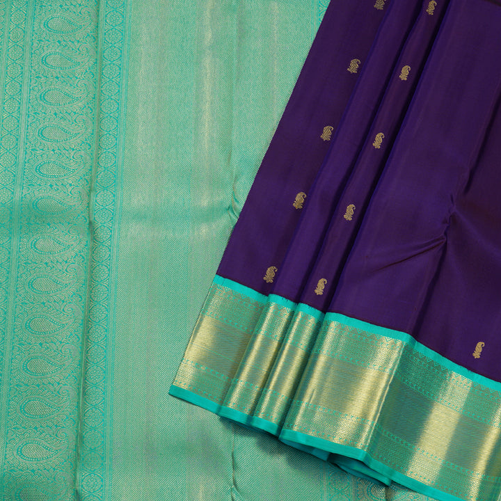 Hayagrivas Midnight Blue Kanjivaram Silk Saree with Sea Green Border BBD476F10-1