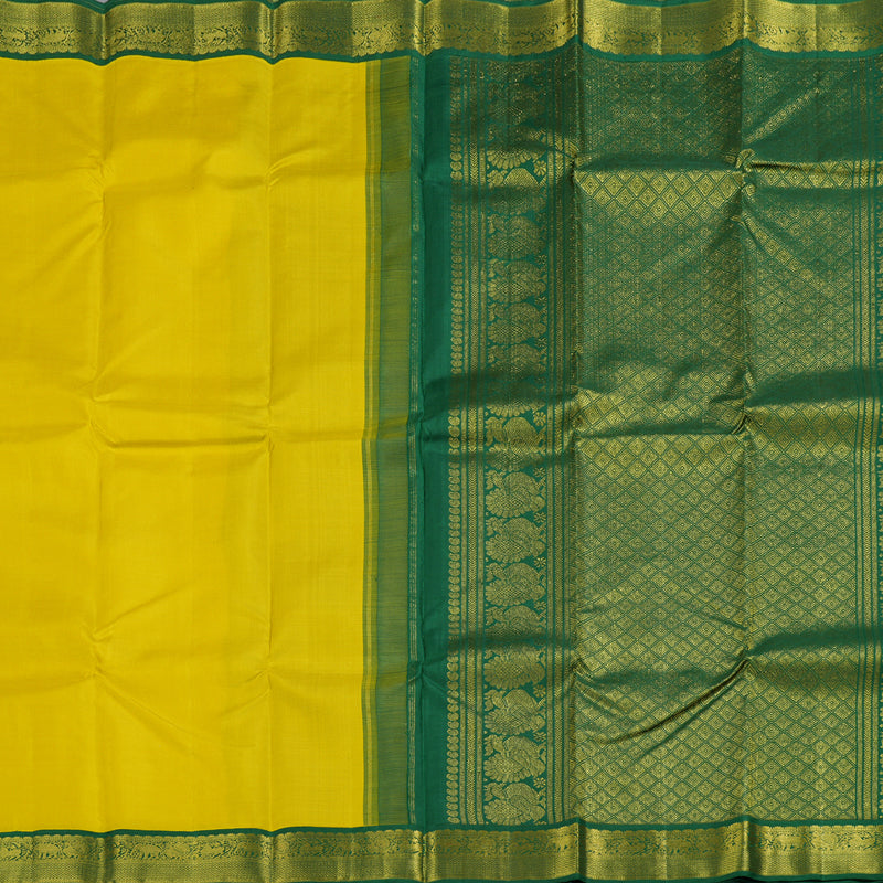 Hayagrivas Lemon Yellow Handloom Kanjivaram Silk Saree with Bottle Green Border BBD476F5-2