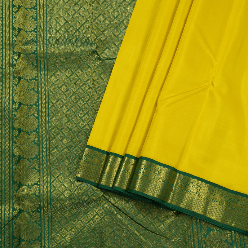 Hayagrivas Lemon Yellow Handloom Kanjivaram Silk Saree with Bottle Green Border BBD476F5-2