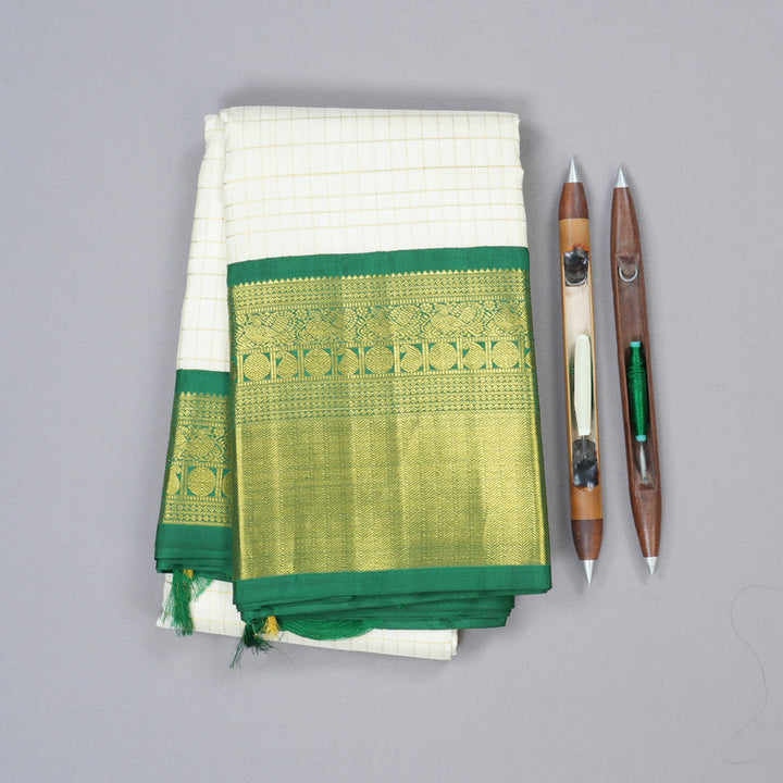 Hayagrivas White Handloom Kanjivaram Silk Saree with Bottle Green Border BBD483F12-1