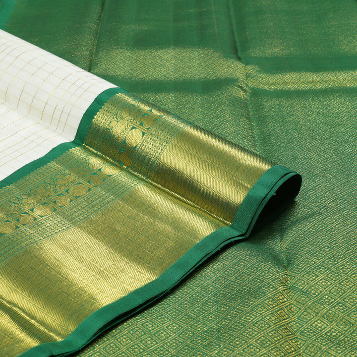 Hayagrivas White Handloom Kanjivaram Silk Saree with Bottle Green Border BBD483F12-1