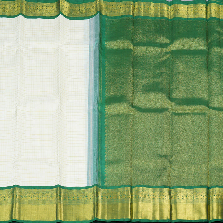 Hayagrivas White Handloom Kanjivaram Silk Saree with Bottle Green Border BBD483F12-1