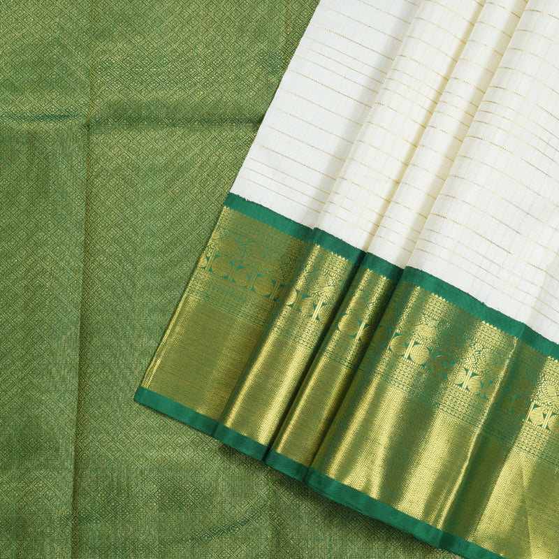Hayagrivas White Handloom Kanjivaram Silk Saree with Bottle Green Border BBD483F12-1