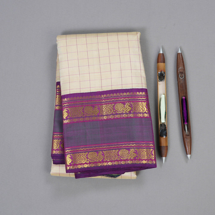 Hayagrivas Beige Kanjivaram Silk Saree with Purple Border BBD483F8-3