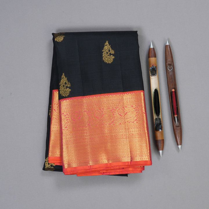 Hayagrivas Black Kanjivaram Silk Saree with Deep Orange Border BBD487F14-2