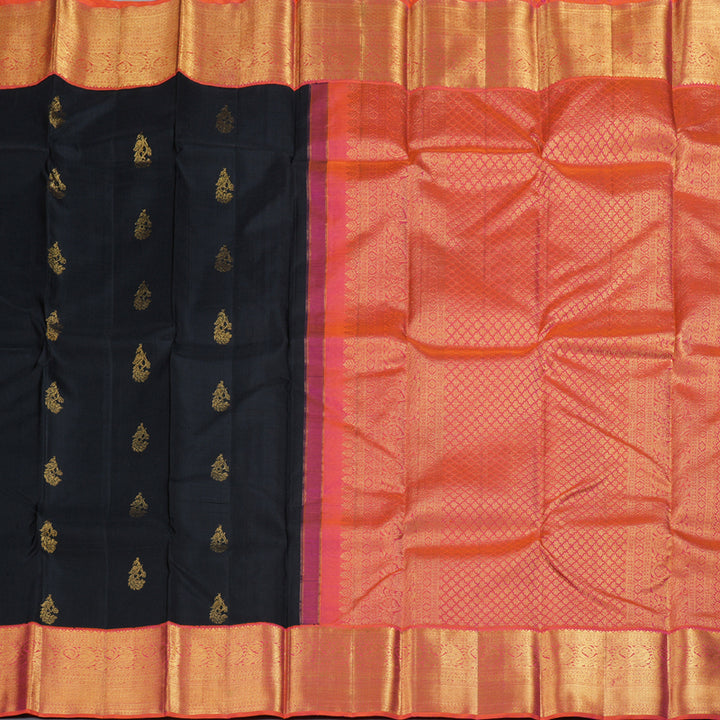 Hayagrivas Black Kanjivaram Silk Saree with Deep Orange Border BBD487F14-2