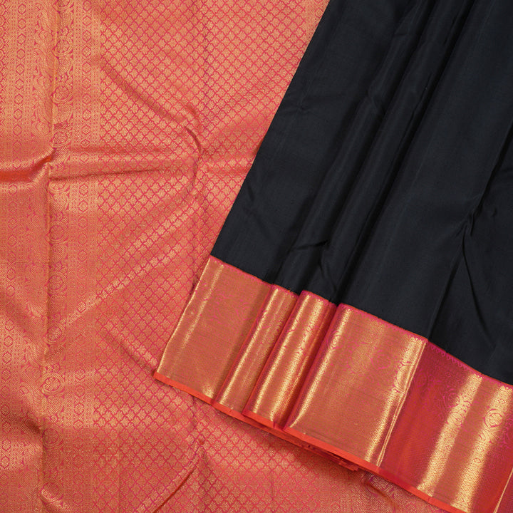 Hayagrivas Black Kanjivaram Silk Saree with Deep Orange Border BBD487F14-2