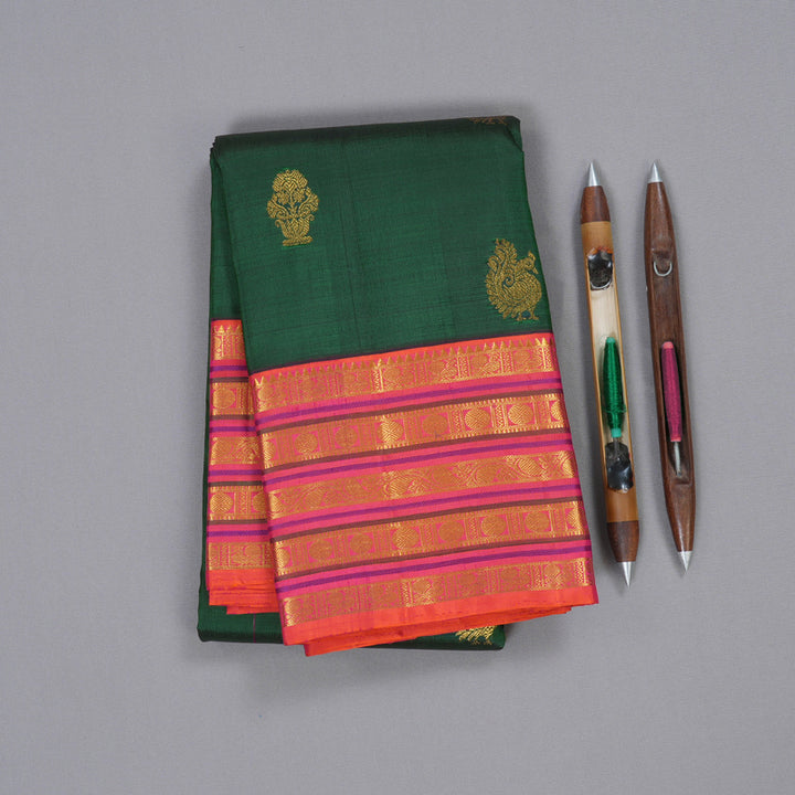 Hayagrivas Bottle Green Kanjivaram Silk Saree with Rudraksham Motifs in Orangish Pink Border - BBD487F15-1