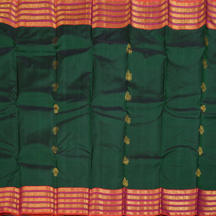 Hayagrivas Bottle Green Kanjivaram Silk Saree with Rudraksham Motifs in Orangish Pink Border - BBD487F15-1